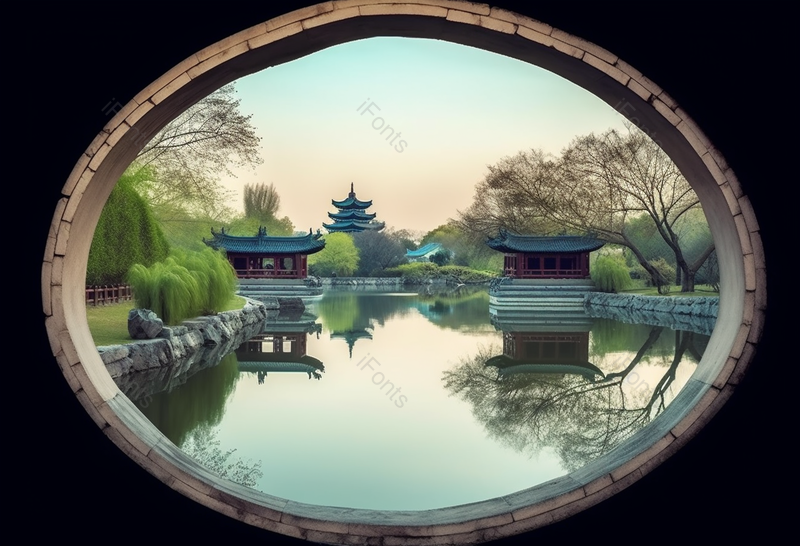 绿色透过墙圆窗看古代建筑园林风光背景,高清,摄影图,摄影图片,图片大全,摄影图免费下载